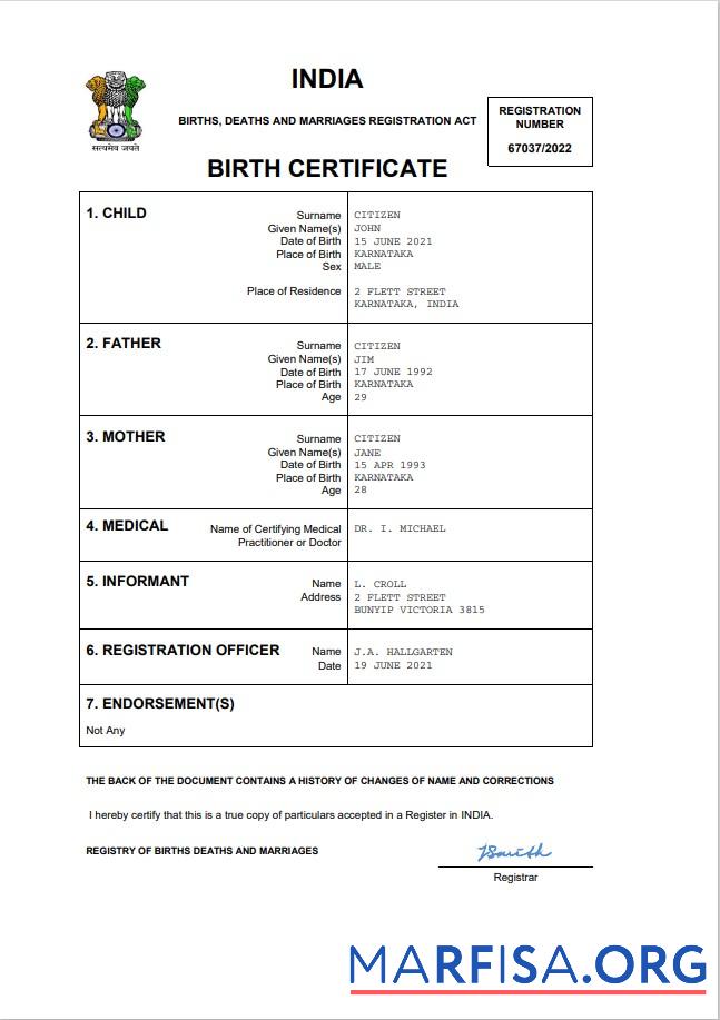 Blank India vital record birth certificate Word and PDF template,
